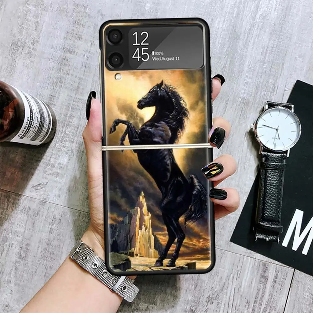 Horse Great Beauty Galloping Shockproof Folding Mobile Hard Shell For Samsung Galaxy Z Flip 4 3 5G TPU Black Phone Case Flip4 Co