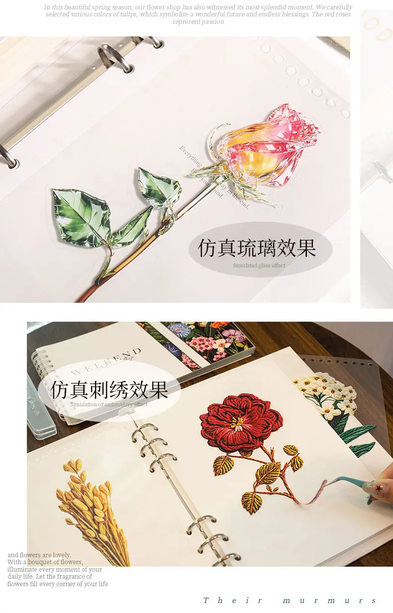 Journal GO 50 Stück Blumenmotiv-Aufkleber, PET-Aufkleber mit Simuliertem Glas- und Stickereieffekt für Scrapbooking, Journaling und DIY-Bastelarbeiten – Detail 4
