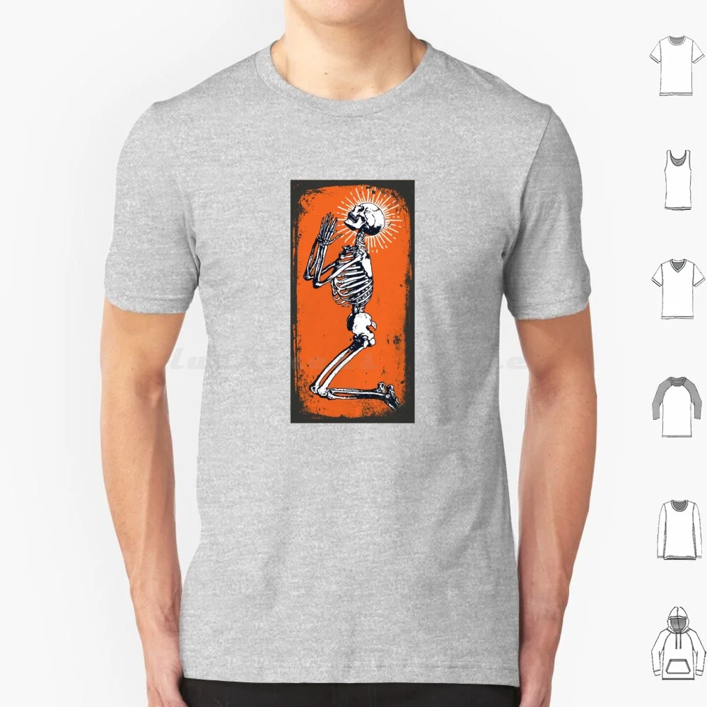 Praying Skeleton T Shirt Men Women Kids 6xl Skeleton Sunburst Orange Frame Bones Gritty Goth Death Creepy Occult Dark