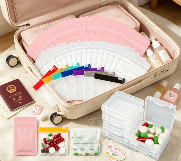 114 PCS Travel Pill Organizer Set with 50 Clear Label Baggies 50 Mylar Bags 7 Color Ziplock Bags and 7 Day AM PM Pill Box for Supplements Medication Storage