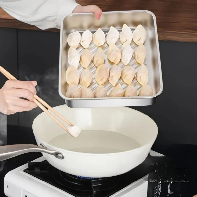 

Stainless Steel Covered Dumpling Plate Rice Plates Rectangular Tray Barbecue Plates Vegetable Plates Practical Kitchen Tools New
