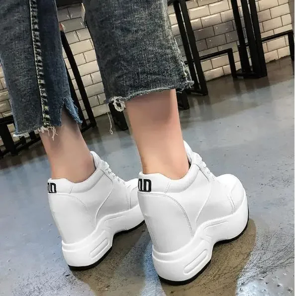 New Women's Ankle Boots Autumn Leather Chunky Shoes Woman Platform Height Increased Sneakers 10CM Thick Sole Wedges White Boots