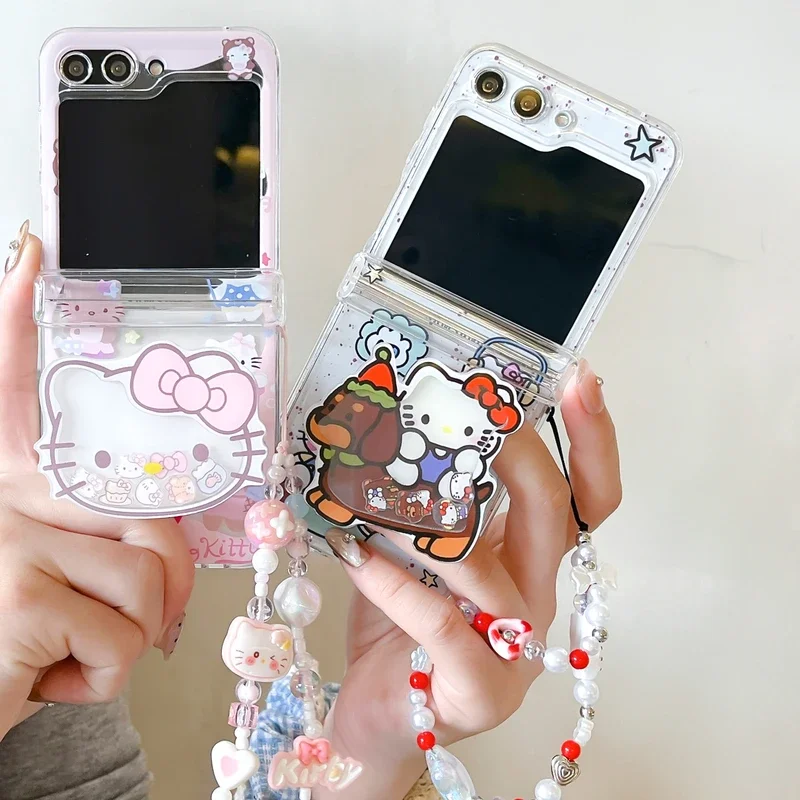귀여운 만화 산리오 헬로키티 스탠드 홀더 폰 케이스 삼성 갤럭시 Z 플립 7 6 5 4 케이스 투명 소프트 TPU 커버 끈 포함