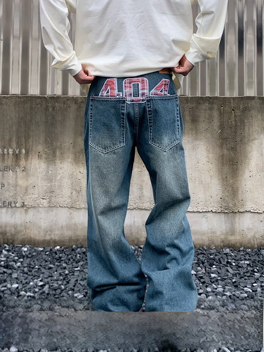 

Американские джинсы из денима с вышивкой и пэчворком, мужские винтажные, с эффектом потертости, с небольшим дизайном, длинные брюки с высокой талией, молодежные, стильные