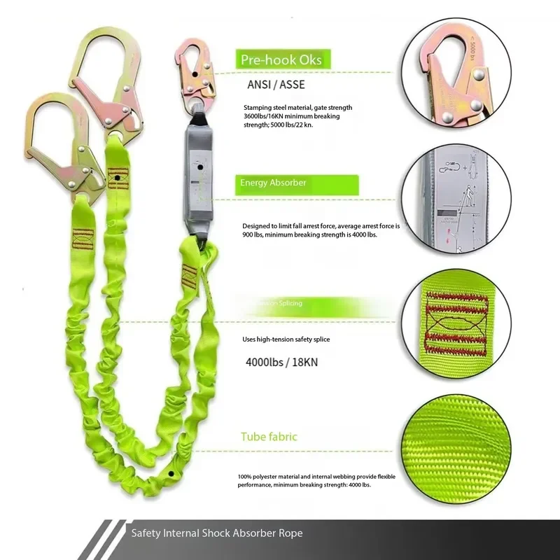 Heavy Duty Double Hook Safety Harness with Retractable Webbing and Steel Quick Connect Buckle for Mountaineering Fall