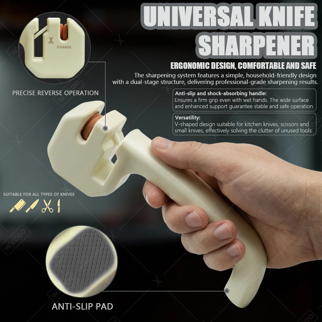 WXCOO Quick Portable Handheld Knife Sharpener Manual Kitchen Gadgets Coarse Knife and Scissor Sharpener for Chef Home Use
