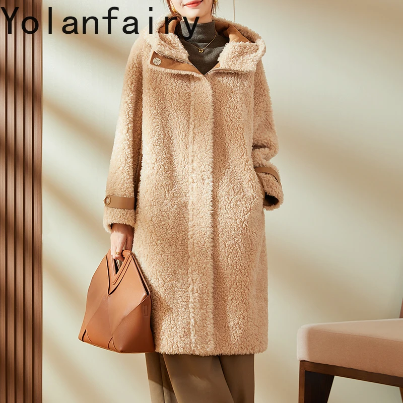 YOLANFAIRY 100% Wool Genuine Fur Jacket Hooded Lamb Jackets Luxury Long Womens Clothes Shearing Natural Coats 2024 Winter Fit