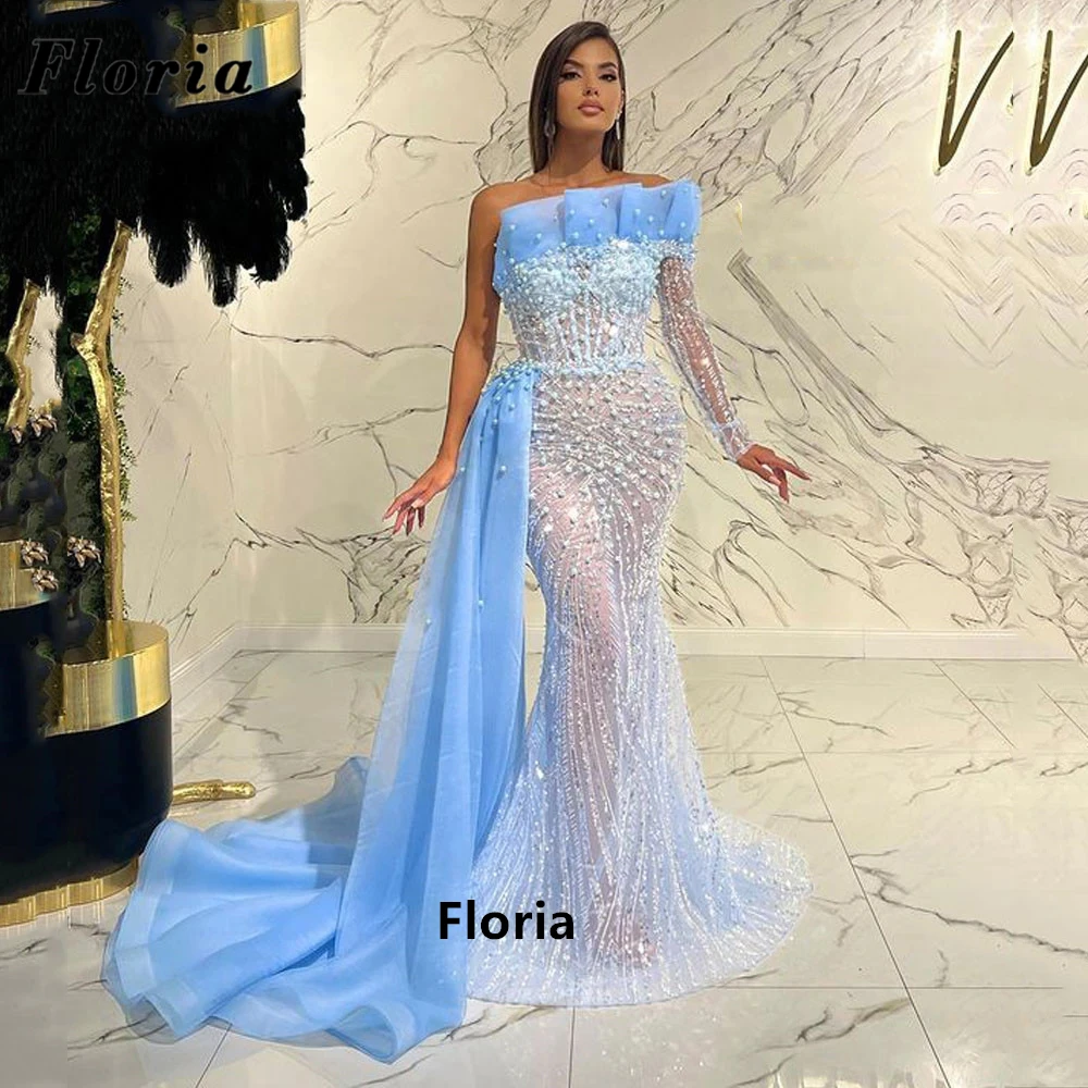 

Floria Blue Mermaid Long Celebrity Dresses Luxury One Shoulder Lace Prom Dress For Wedding Party Dubai Couture Evening Dresses