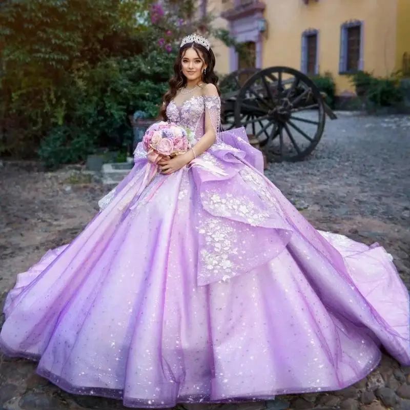 Lavender Shiny Quinceanera Dresses Ball Gown Off The Shoulder Floral Applique Beading Bow Tull Corset Sweet 16 Dress Vestido De