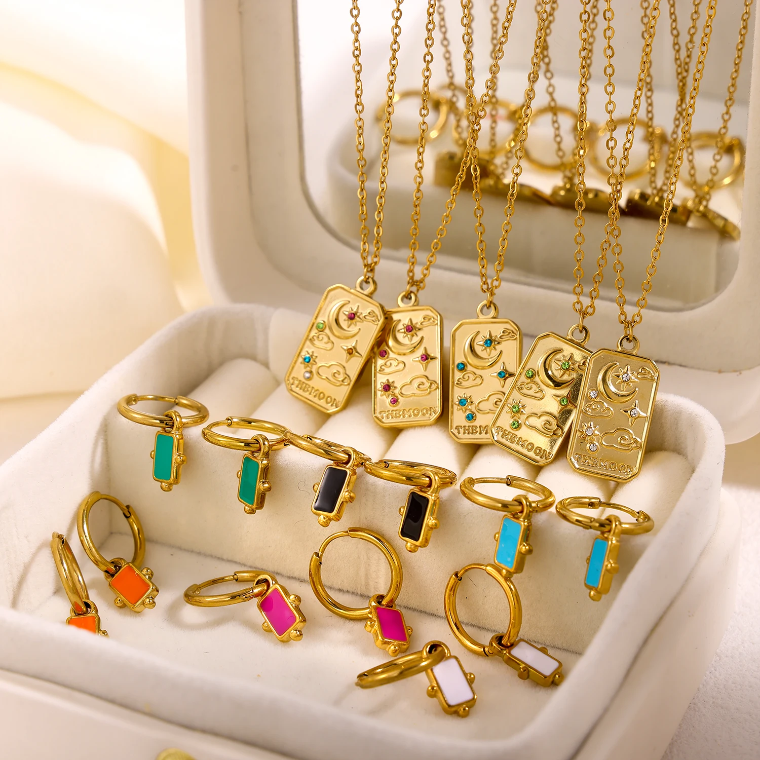 CARLIDANA Stainless Steel Oil Drop Zirconia Strength Emanen Tarot Card Necklace Drop Earrings Set Gold Plated Waterproof