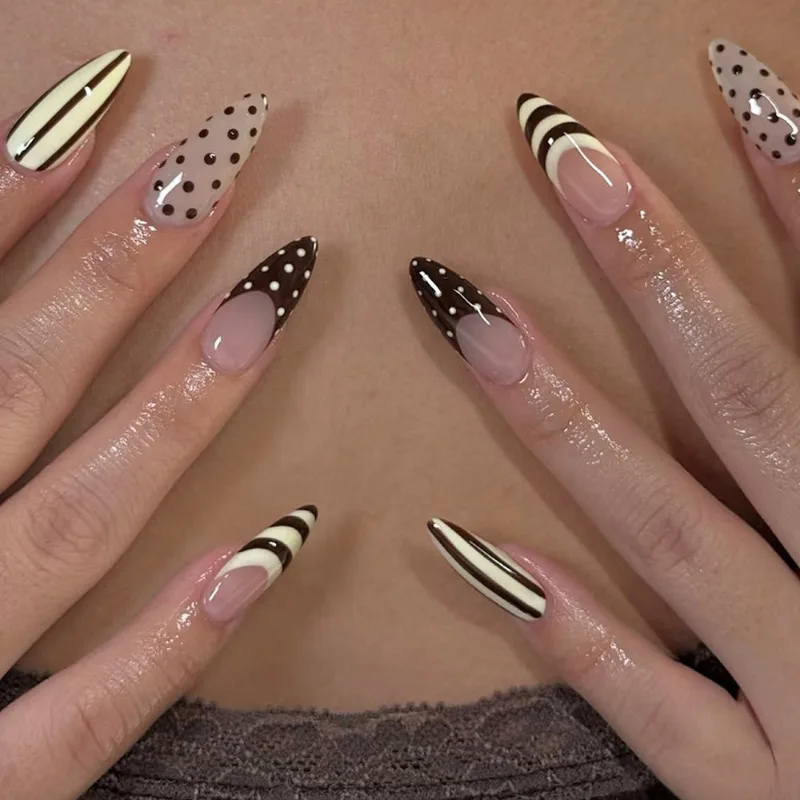 

24Pcs Fake Nails Nude Pink Polka Dots Black-White Stripes Vintage French Press-On Nail Tips Perfect Gifts for Girls and Friends