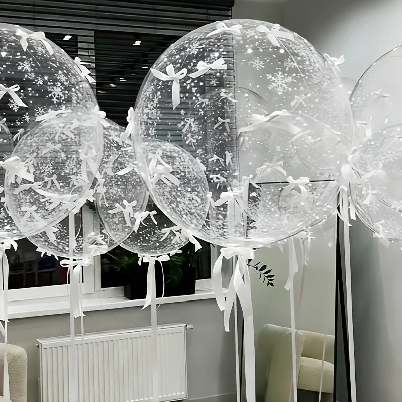 29pcs Transparent Pom-Pom Snowflake Bow Balloon Set 5pcs 20-Inch Pom-Poms 2 Packs White Snowflakes 20pcs White Bows Ribbon Glue