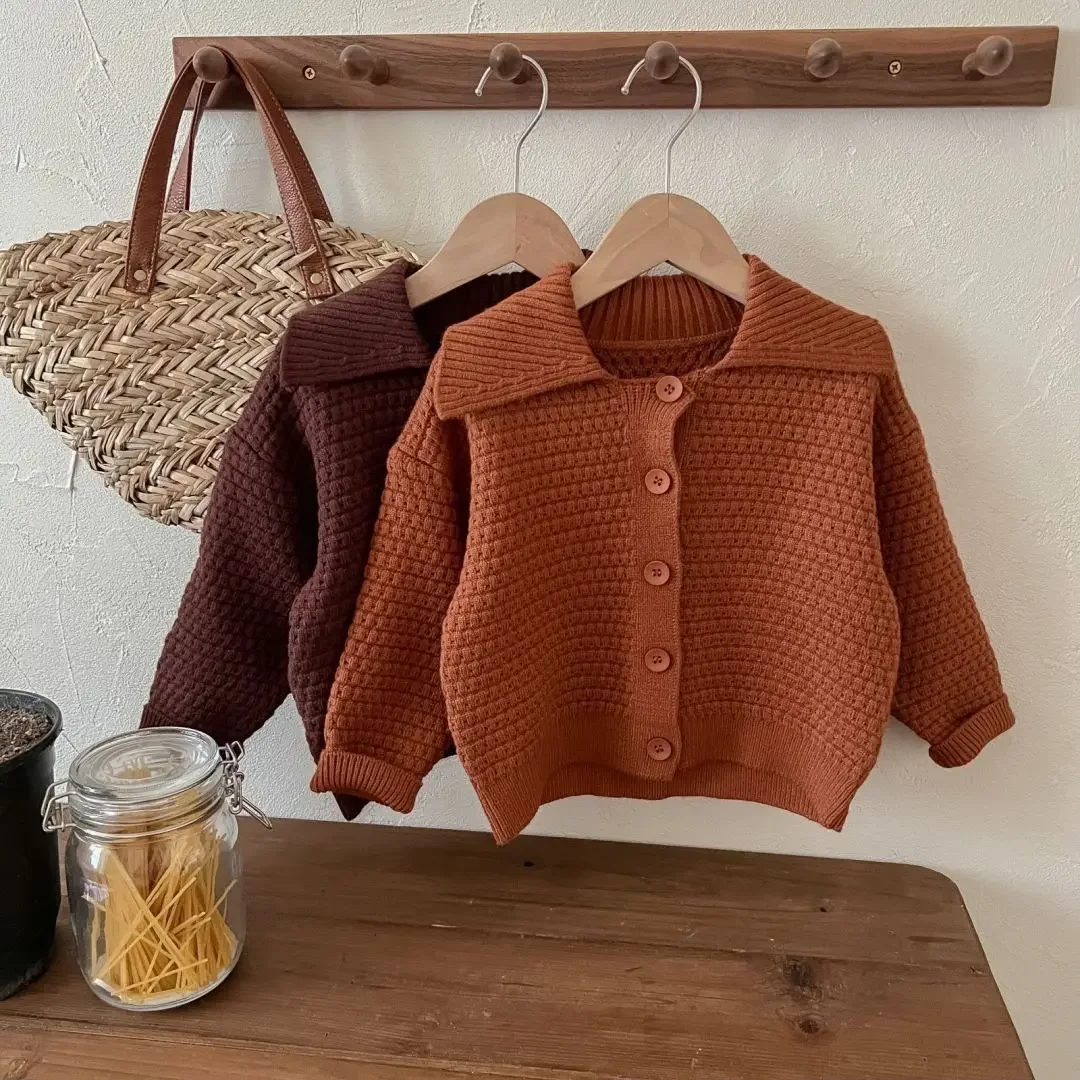 

2025 Fall Winter Kids Collar Cardigan Children Knit Jacket Boys Girls Pure Color Sweater Toddler Casual Coat