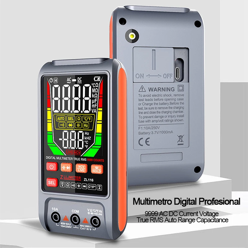 Multimetro Digital Profesional Multimeter 9999 T-RMS LCD Multimetre DC AC Current Voltage Tester Capacitance Diode Usb Tester