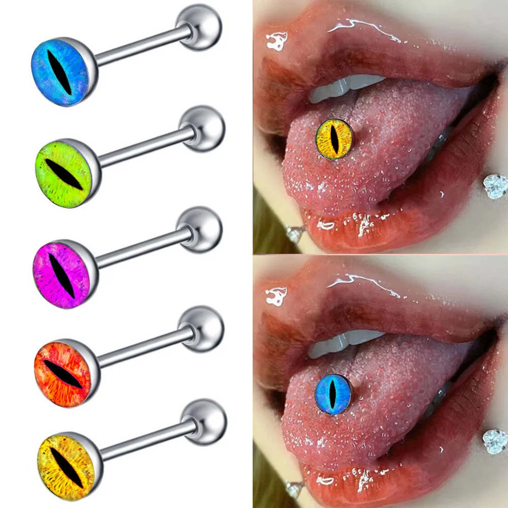 5X Multicolour Eye Shape Steel 16/19/22mm Tongue Bar Barbell Ring 5mm 7mm Ball Body Piercing Jewellery 14g 1.6mm