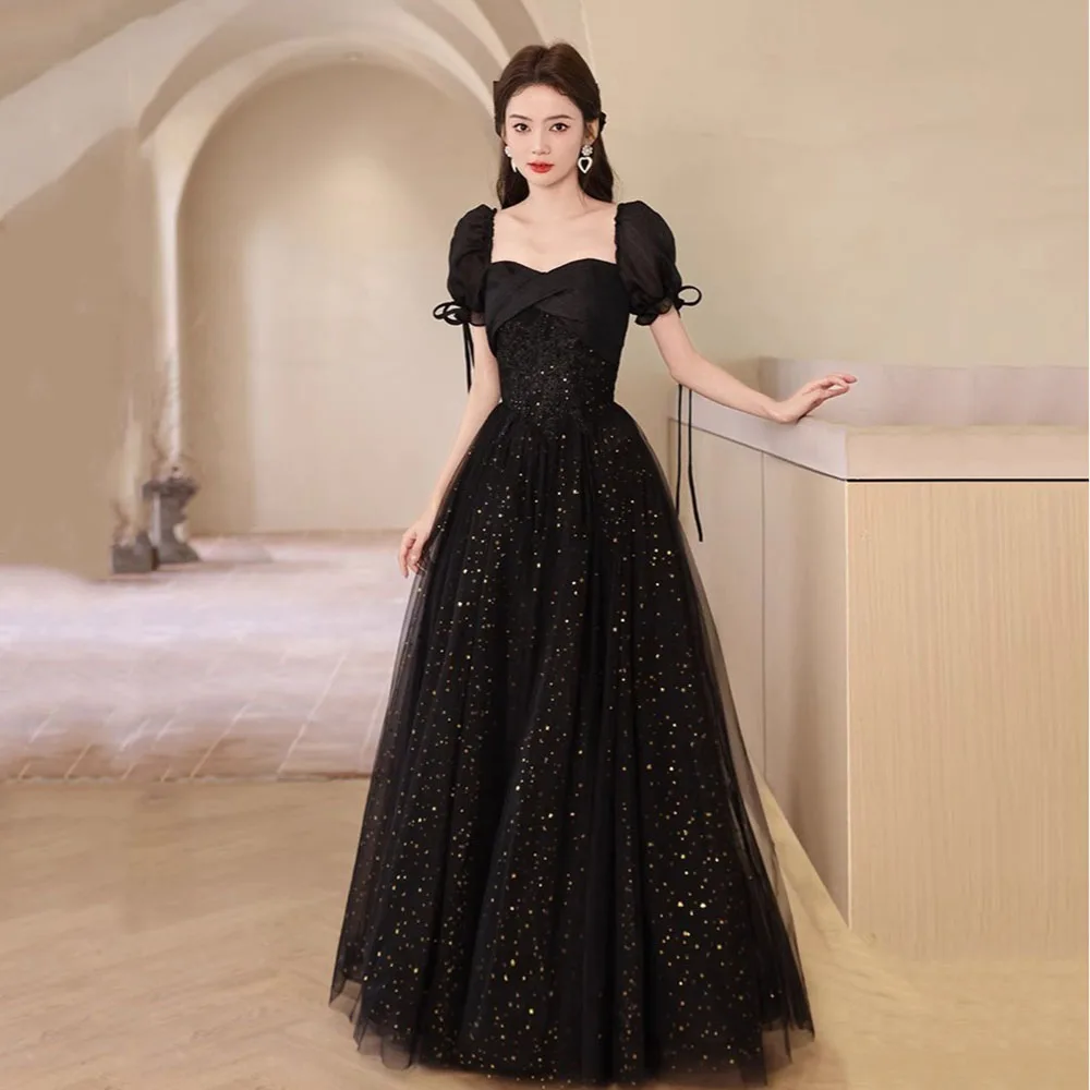 Sequin Black Evening Dress French Puff Sleeves Off Shoulder Cocktail Party Gown Elegant Lace Up Long Wedding Bridesmaid Dresses