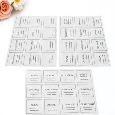3Sheets Plastic Coffee Syrup Labels Waterproof Removable Minimalist Stickers for Coffee Bar Syrup Bottles Kitchen Food Storage