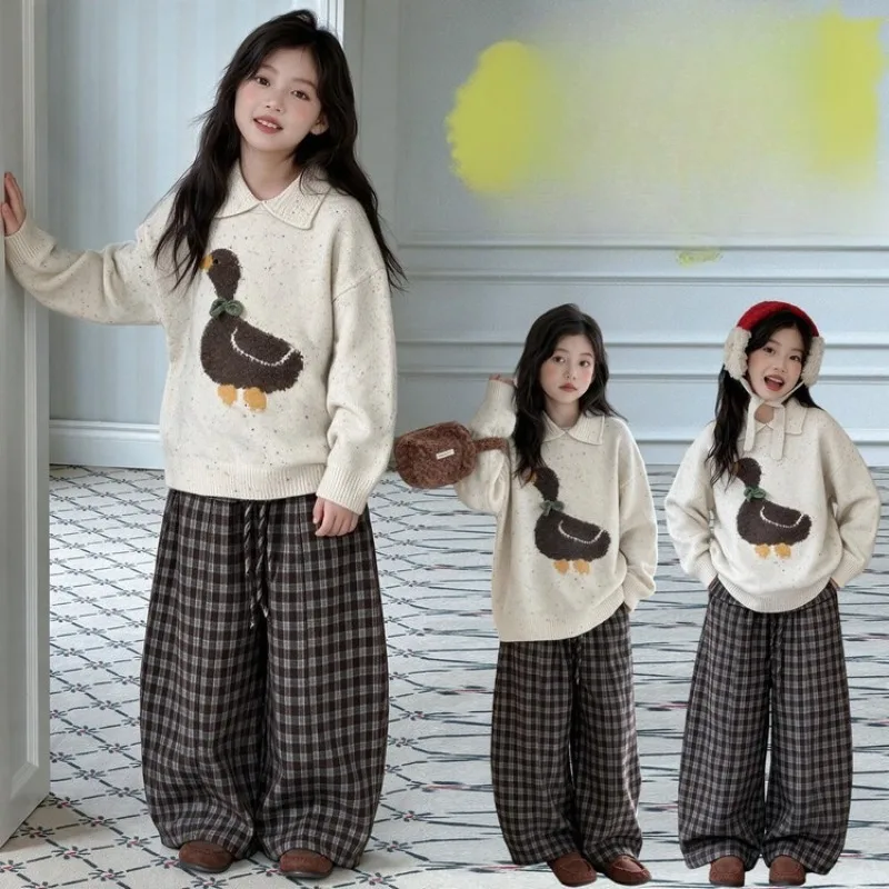 Children's clothing 2026 Spring and Autumn Winter Duck Jacquard Apricot Sweater and Checkered Pants Warm