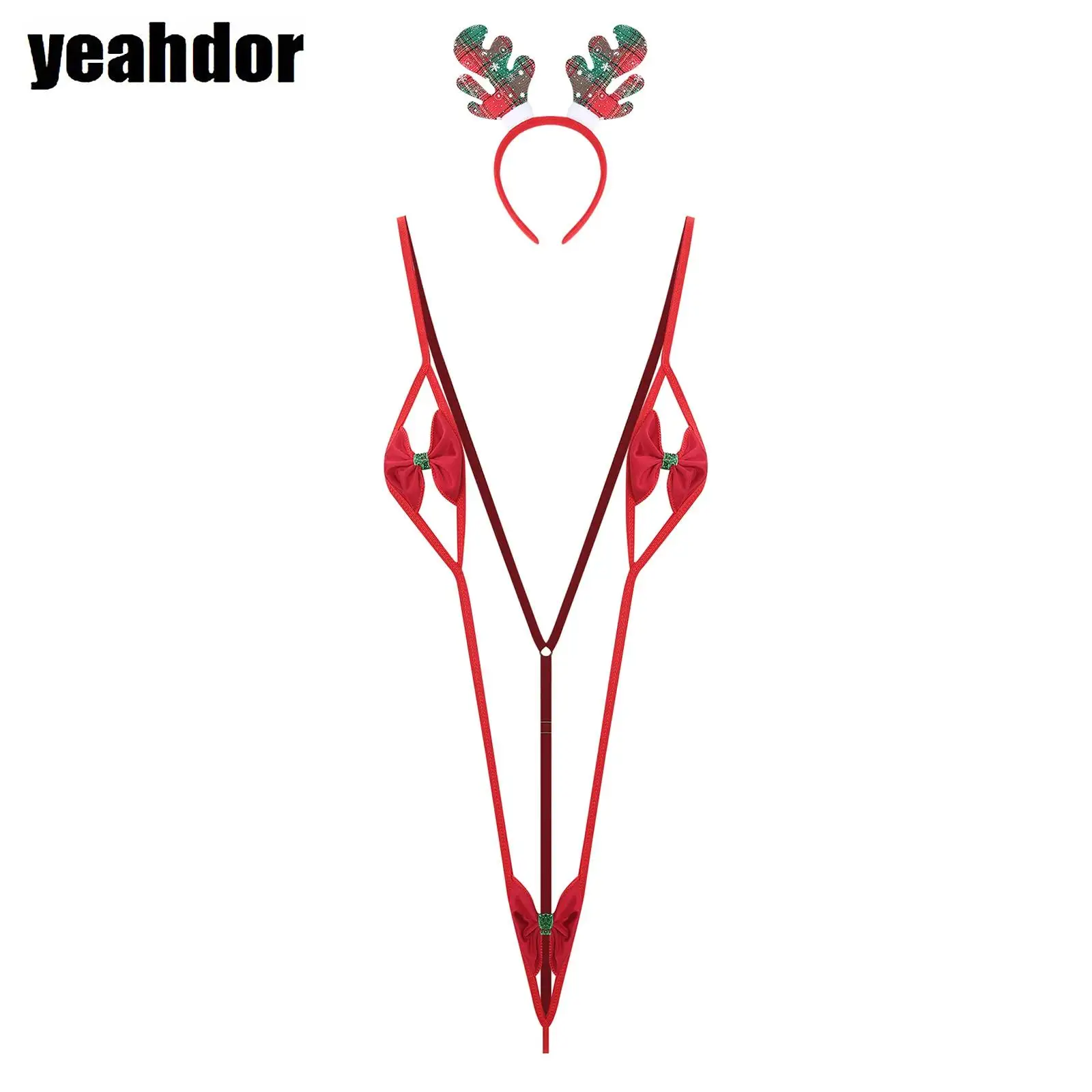 

Women Velvet Christmas Bodysuit Underwear Sleeveless Bow Knot Pompoms Role Play Costume with Headwear Fun Underwear