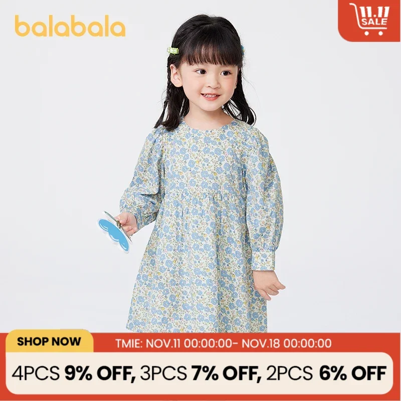 Balabala Toddler 2023 Girl Dress Autumn Dress French Tea Break Pastoral Fashion Floral Dress