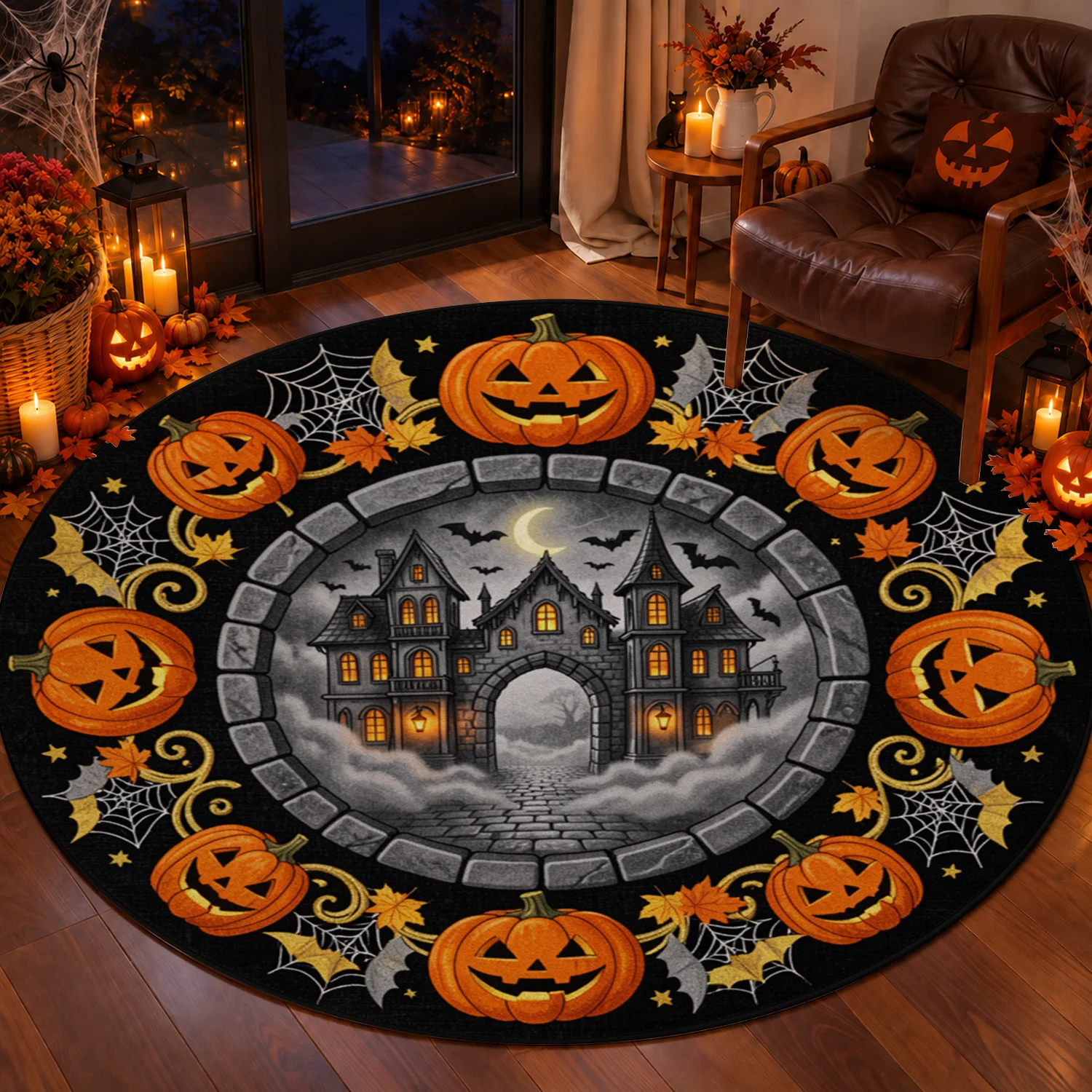 Halloween Pumpkin Haunted House Pattern Round Velvet Rug Machine Washable for Living Room Bedroom Entryway Dining Room Halloween Thanksgiving Christmas New Year Black Friday Cyber Monday