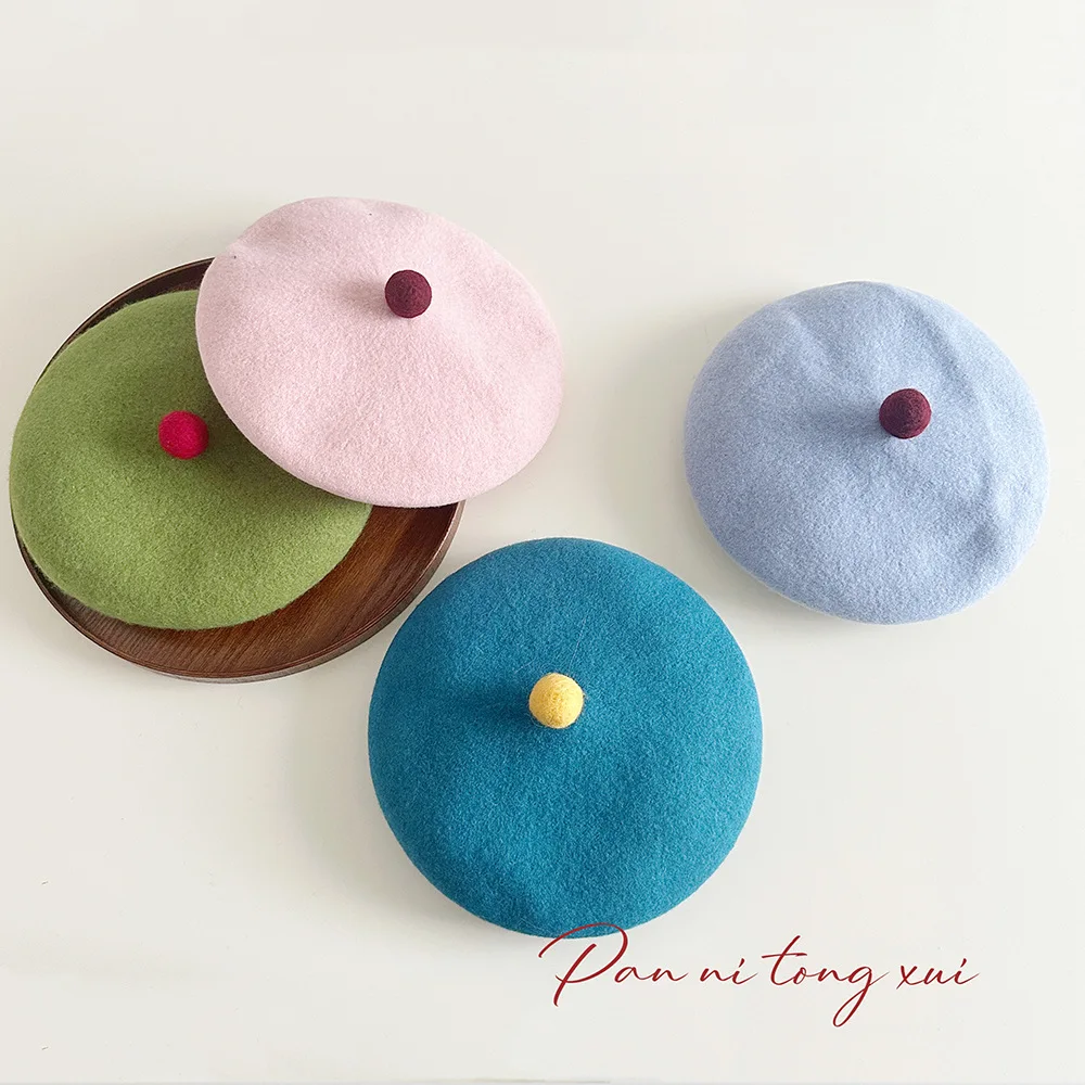 Korean Version Hairball Wool Blend Beret Women Autumn Winter New Versatile Woolen Knitted Painter Hat Female Sweet Retro Cap