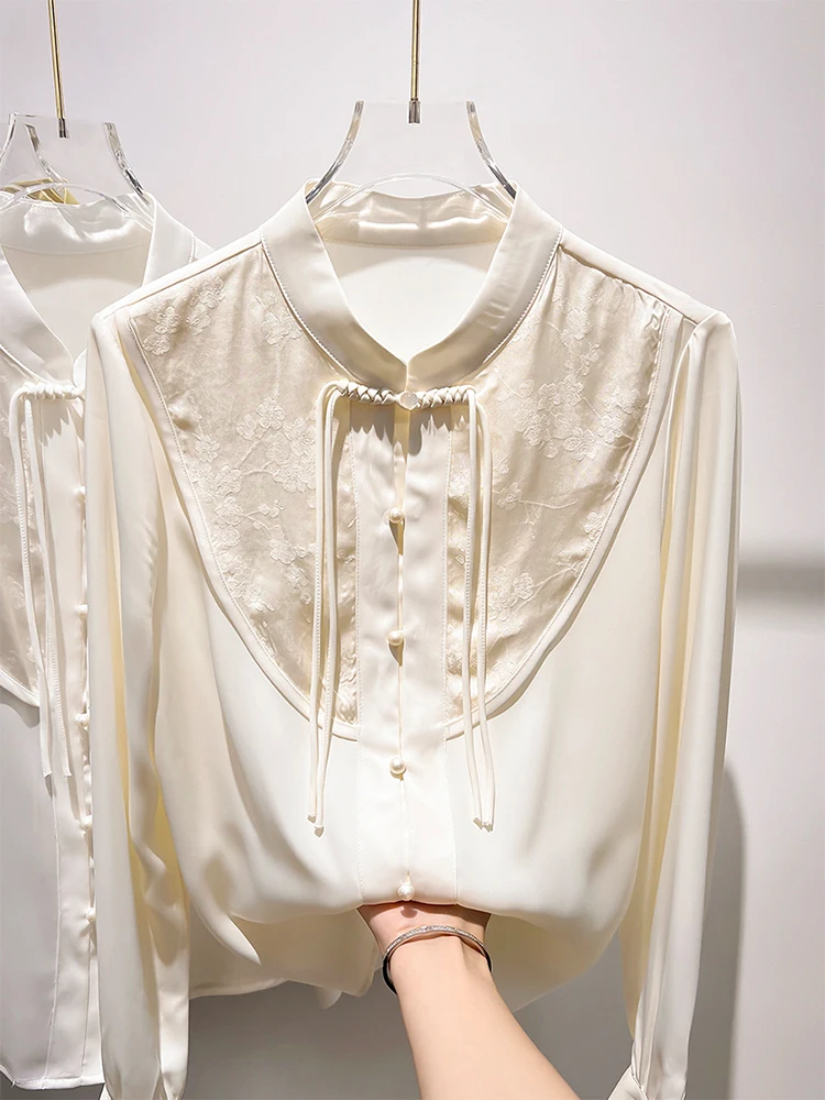

New Chinese Style Early Spring Vintage Stand Collar Shirt Women's Chiffon Print Patchwork Top Button up Korean Commute Style