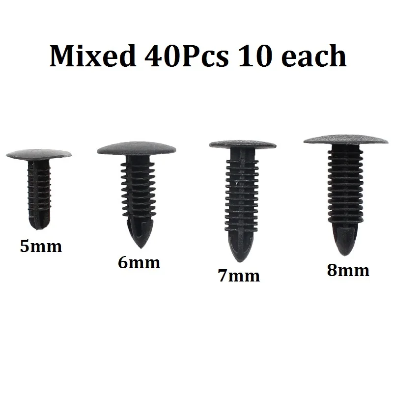 Universal 40PCS Black Plastic Rivet Push in 5mm 6mm 7mm 8mm Car Trunk Roof Trim Panel Fastener Clip