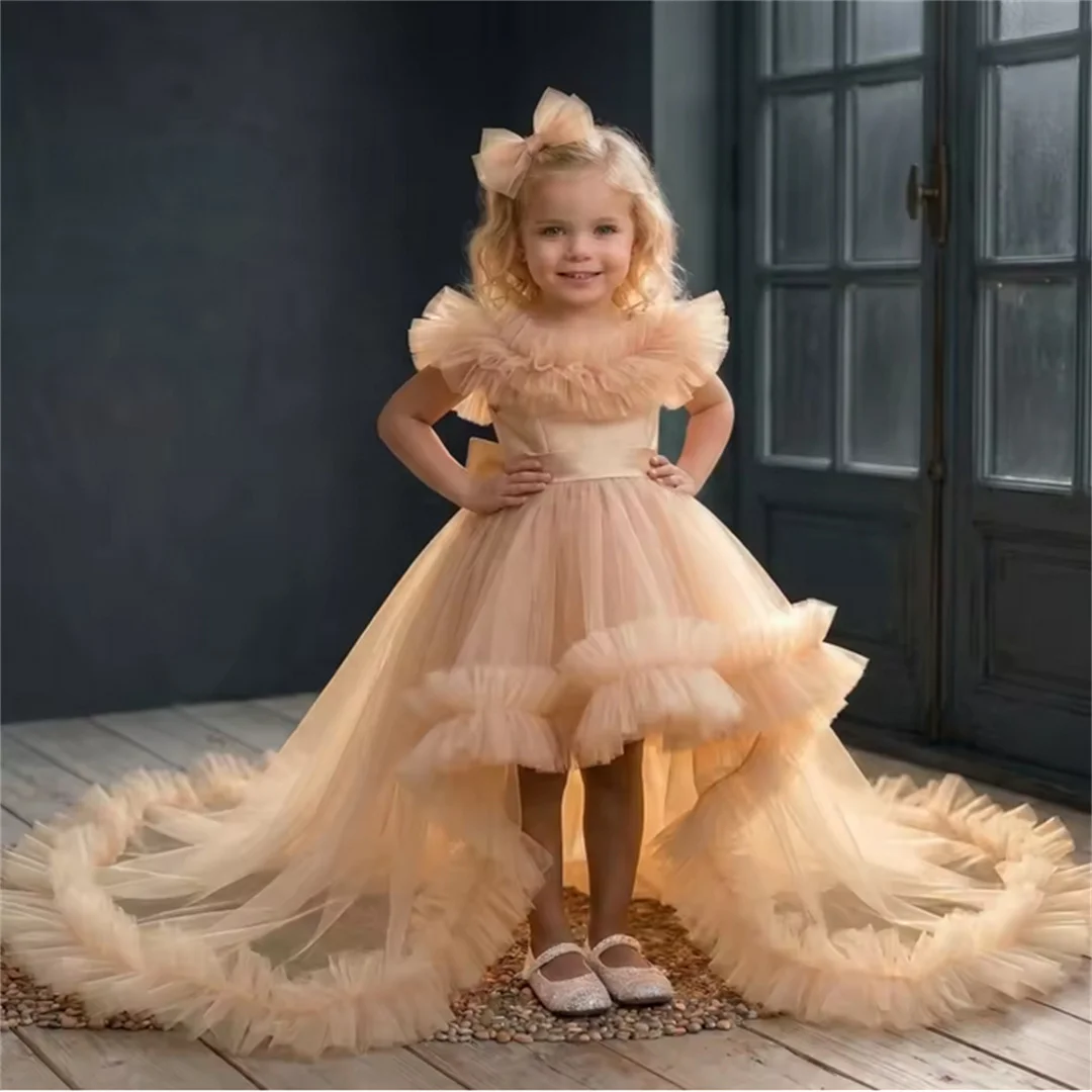 Customized Flower Girl Dresses Champagne Tulle Tiered With Bow And Trailing For Wedding Birthday Party Prom Banquet Ball Gown