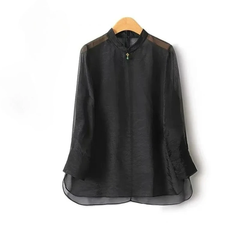 

2025 New Summer Stand Collar Black Blouse Women Fashion Sexy See Through Silk Sun Protection Womens Shirt Casual Female Tops