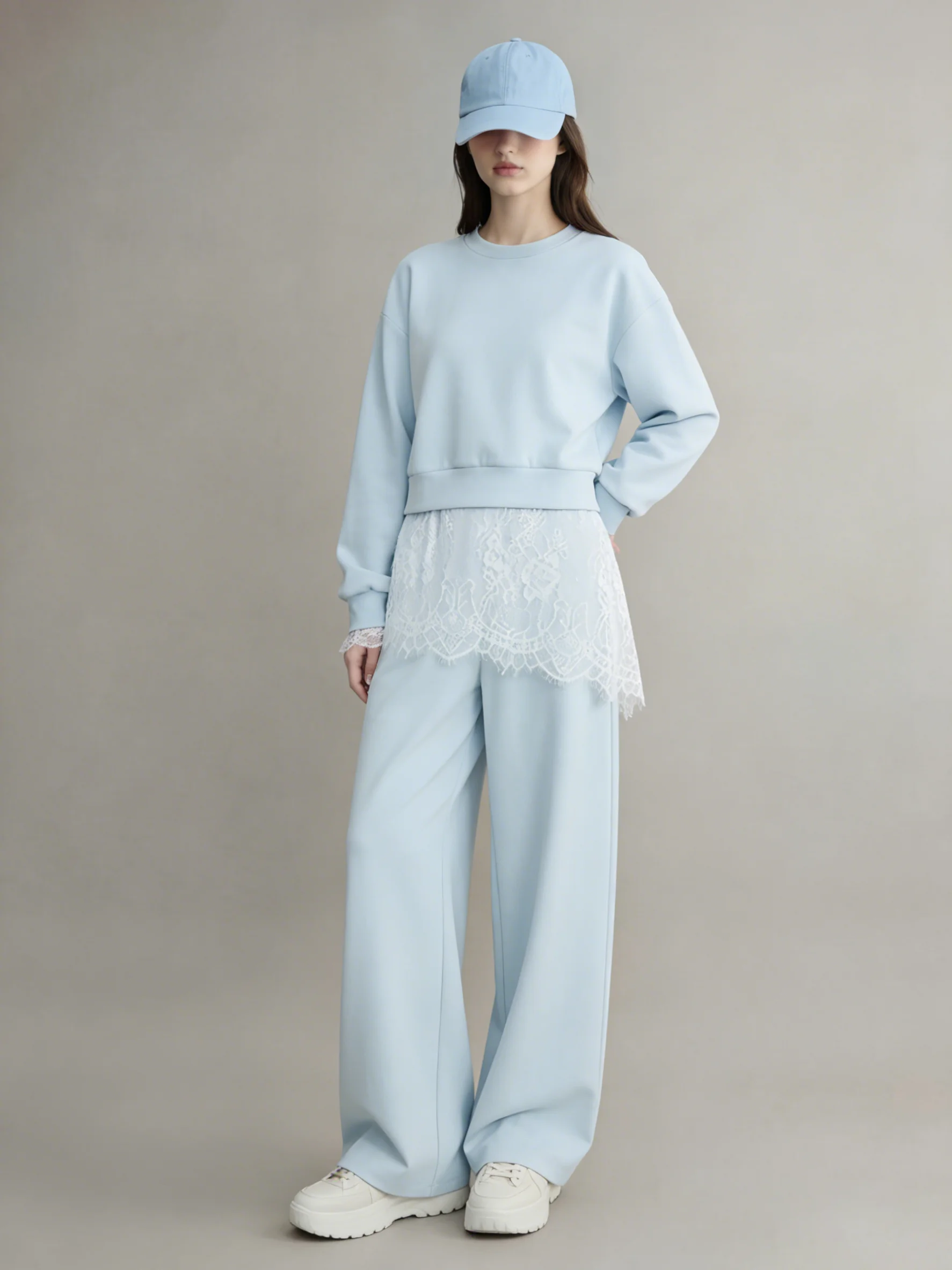 

Light Blue Lace Patchwork Wide Leg Pants Set Women's Unique Beautiful Spring Early Season Casual Faion Outfit Two Pieces