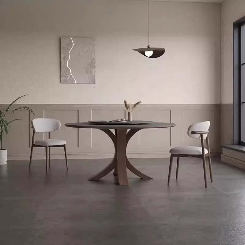 

rock slab dining table household round table with turntable modern simple solid wood round table