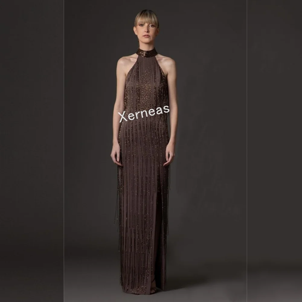 Vestidos largos rectos sin mangas con cuello alto y borlas de temperamento personalizado vestido de noche Formal vestido de fiesta para ocasiones a medida