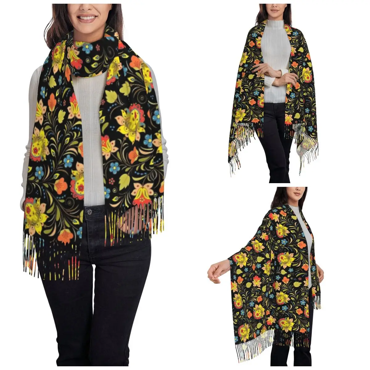 Russian Style Floral Spain Scarf for Womens Winter Warm Pashmina Shawls and Wrap Traditional Art Long Shawl Scarf for Ladies