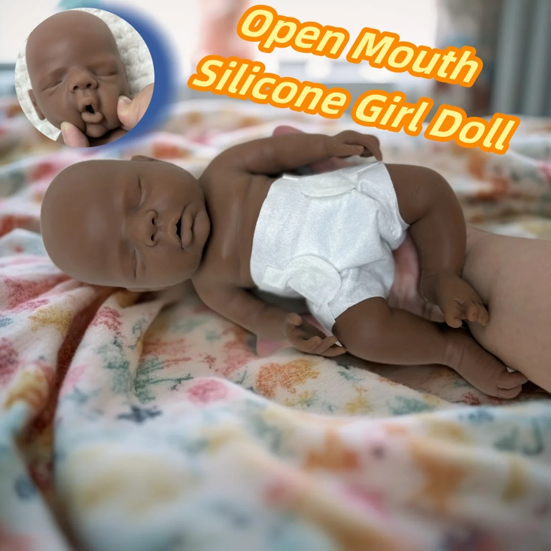 

10Inch Unpainted Dark Skin Open Mouth Solid Silicone Bebe Reborn Girl Doll With Washable Body Soft Touch Reborn Doll