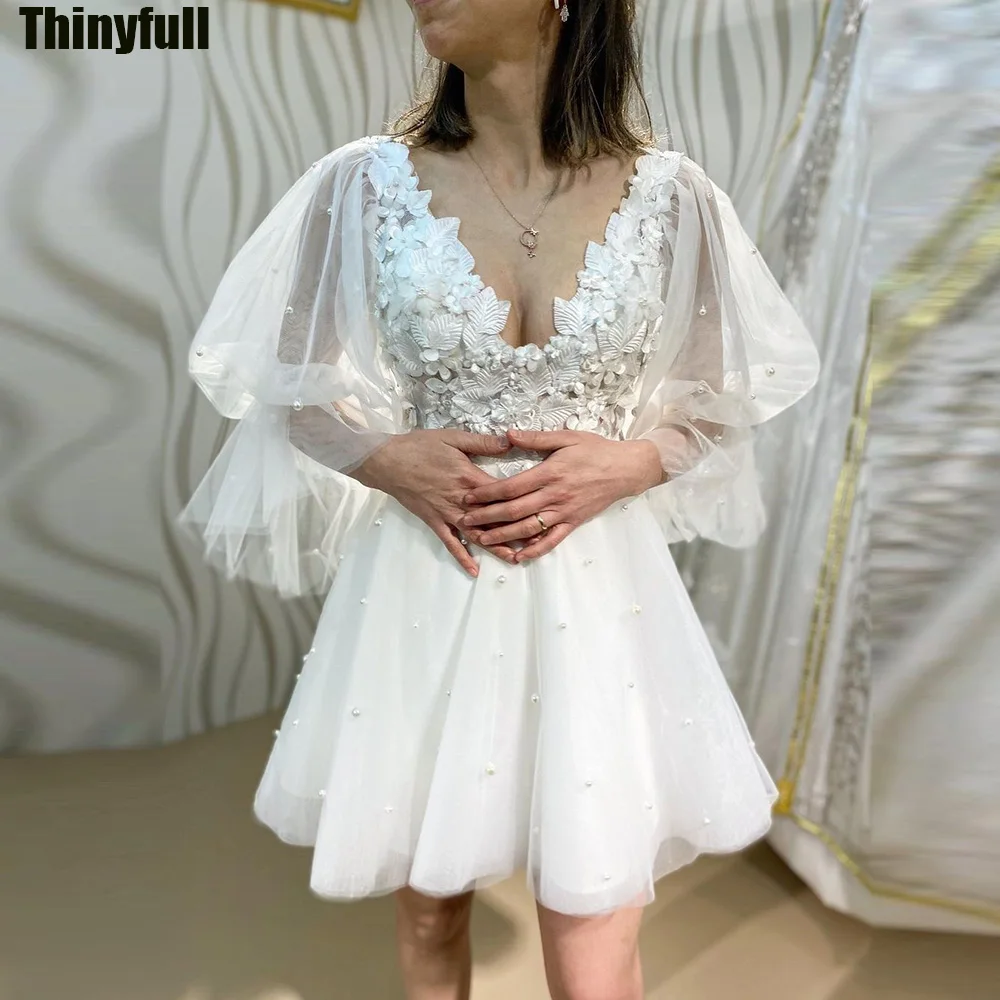 

Thinyfull Tulle Short Boho A-line Wedding Dresses V-neck Long Sleeves Bride Gown Appliques 2024 Bridal Dress Vestido De Novia