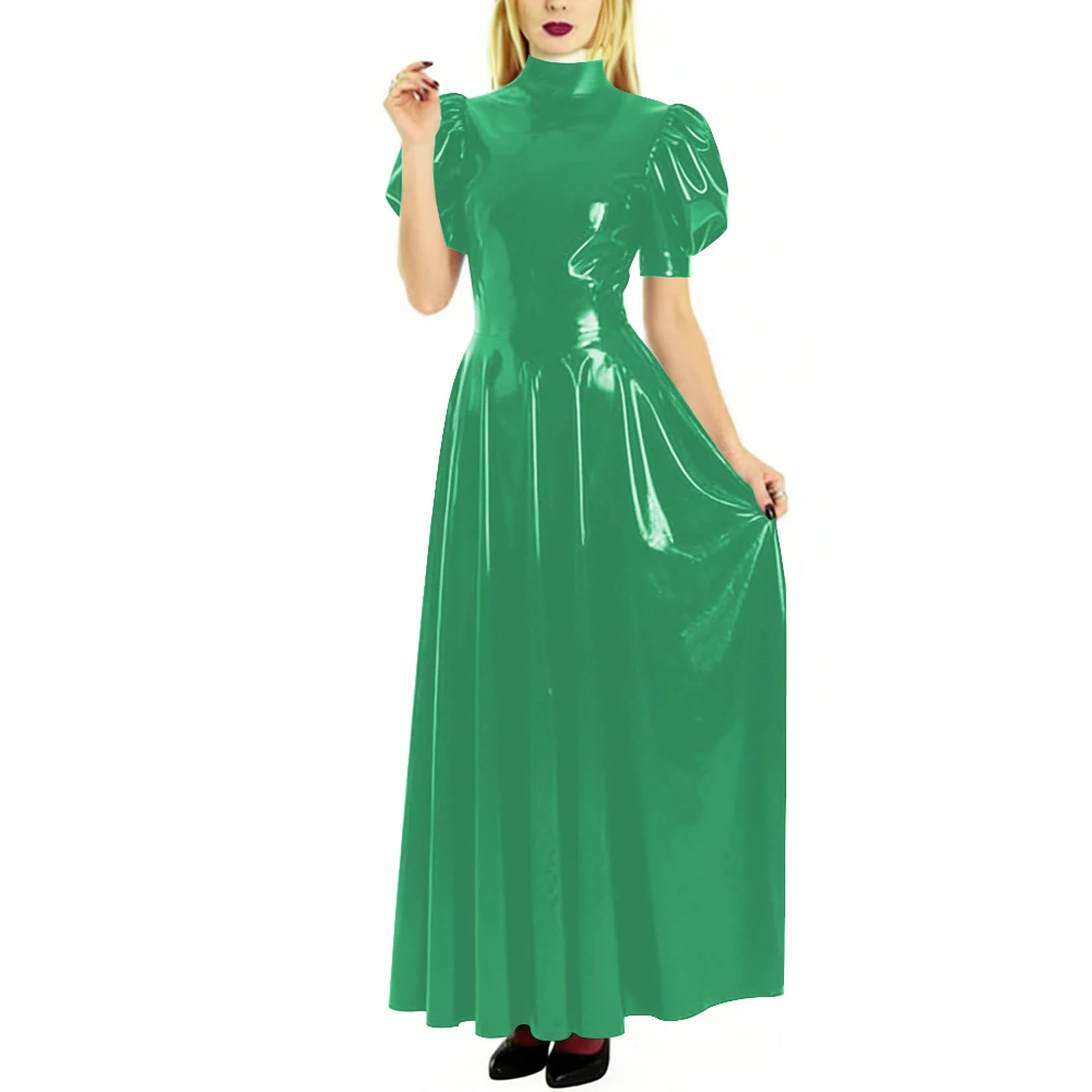 

Fashion High Neck Puff Short Sleeve A-Line Dress for Womens Cocktail Party PVC Shiny Floor Length Dress Wetlook Robe Plus Size