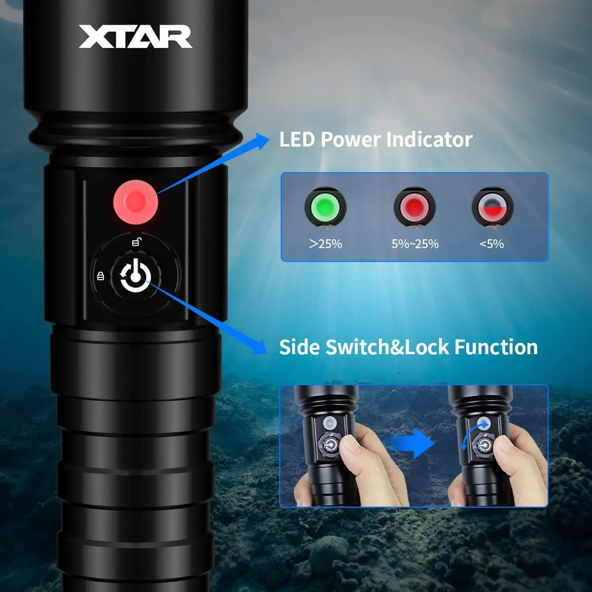 XTAR D26 High Power LED Diving Flashlight IP68 Highest Waterproof Rating power by 18650 Battery With Hand Rope