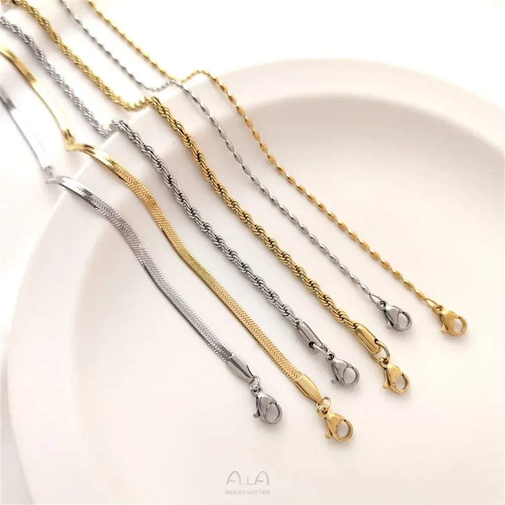 Titanium Steel Fried Dough Twists Necklace Blade Bracelet Rice Bead Collar Chain Handmade Minimal Plating 18K Gold