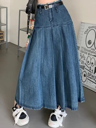 Maxi Long Skirts Women Vintage Spring Summer High Waist Jean Skirt Ladies  A-Line Ruffle Pleated Denim Skirt Plus Size With Belt