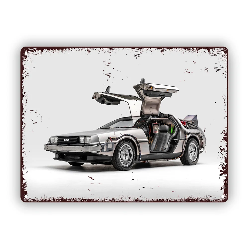 Vintage Back to the Future DeLorean Time Machine Metal Wall Art Sign -  Retro Sci-Fi Tin Poster with Gull-Wing Doors,Flux Capac