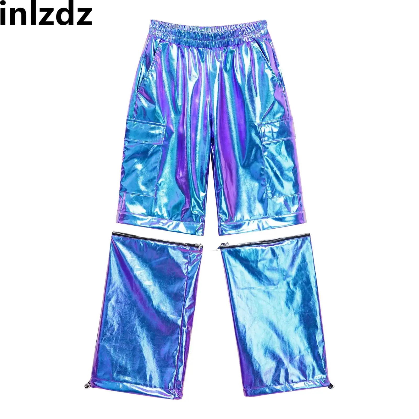 Unisex Children Modern Hip-hop Jazz Dance Costumes Kids Boys Girls Zip-Off Metallic Cargo Pants Stretchy Leg Openings Trousers