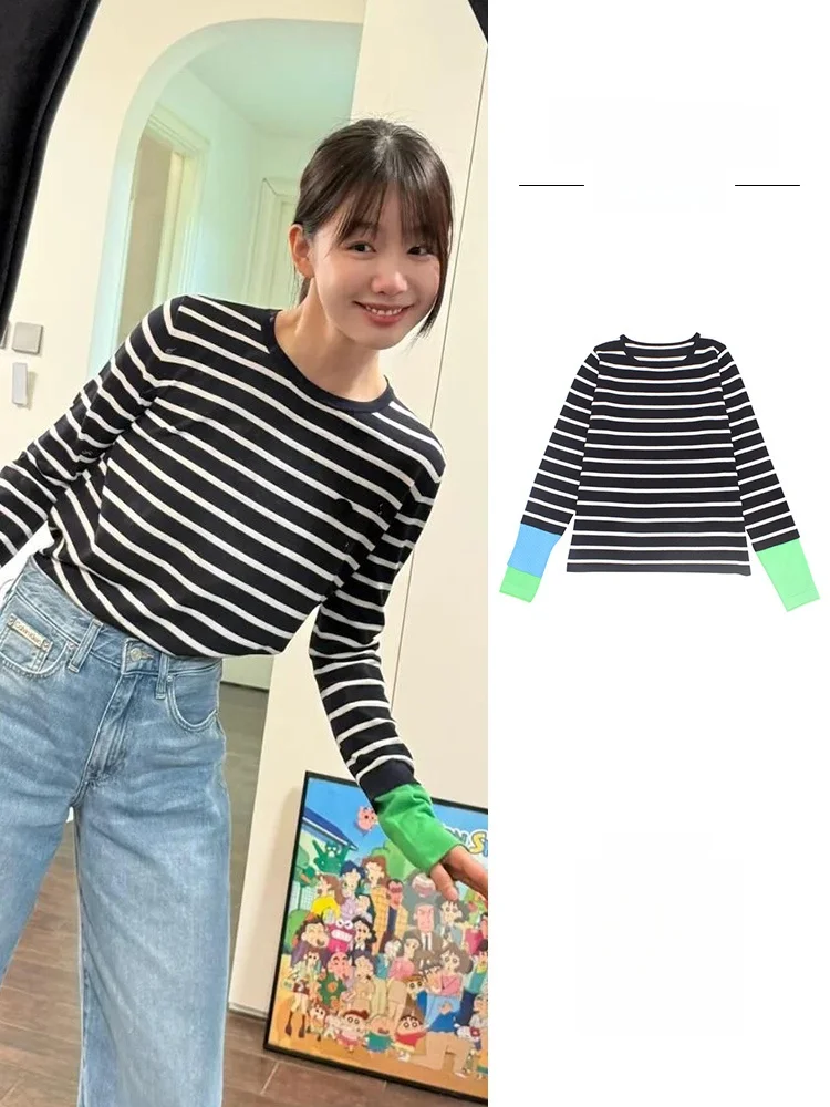 

Xu Mengjie женская трикотажная футболка в полоску Long Sve round Ne Base irt весенний сезон повседневная рубашка прямого кроя