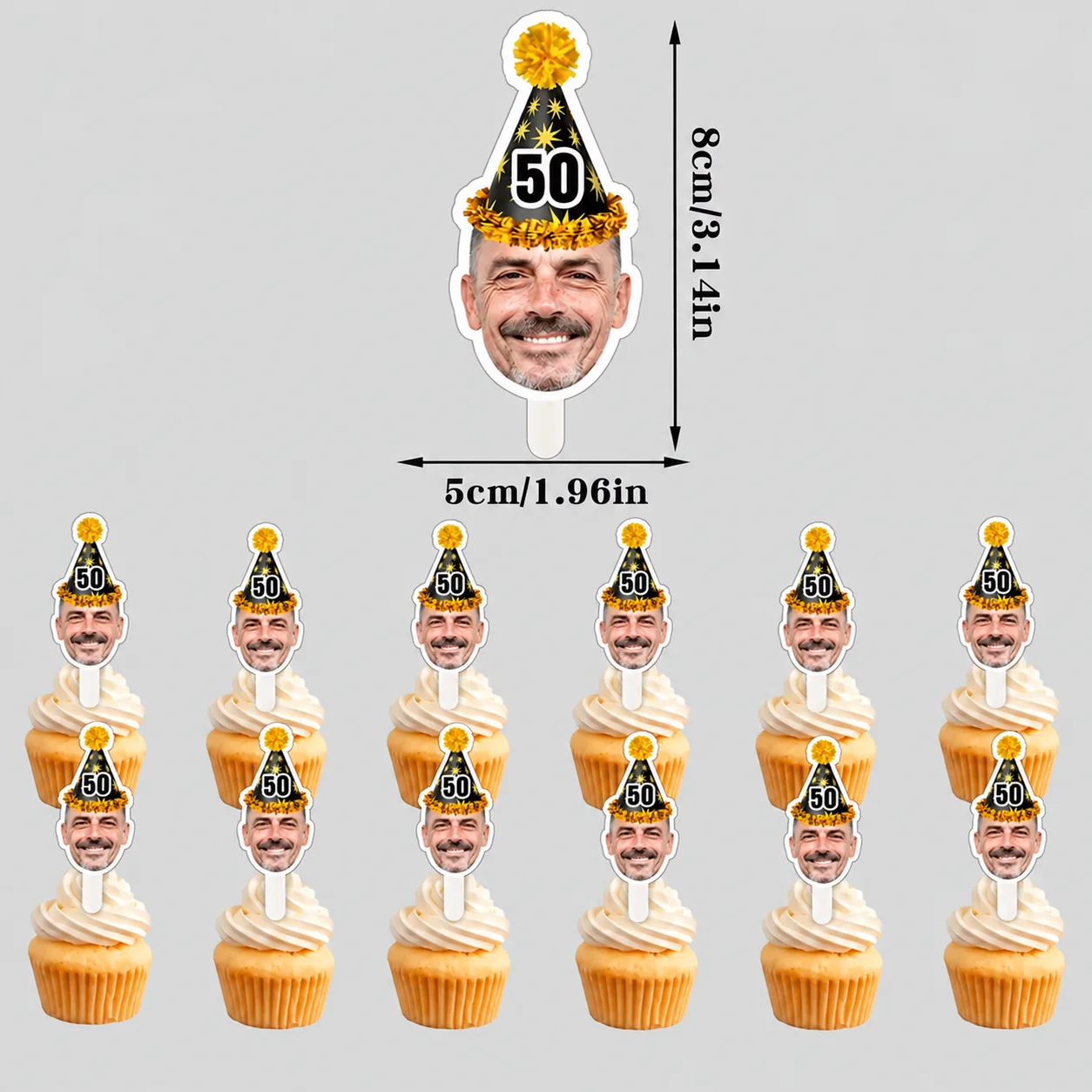 24/48PCS Custom Happy Birthday Photo Cupcake Toppers Personalized Face Hat Cake Picks Gold & Black Milestone Party Dessert Decor