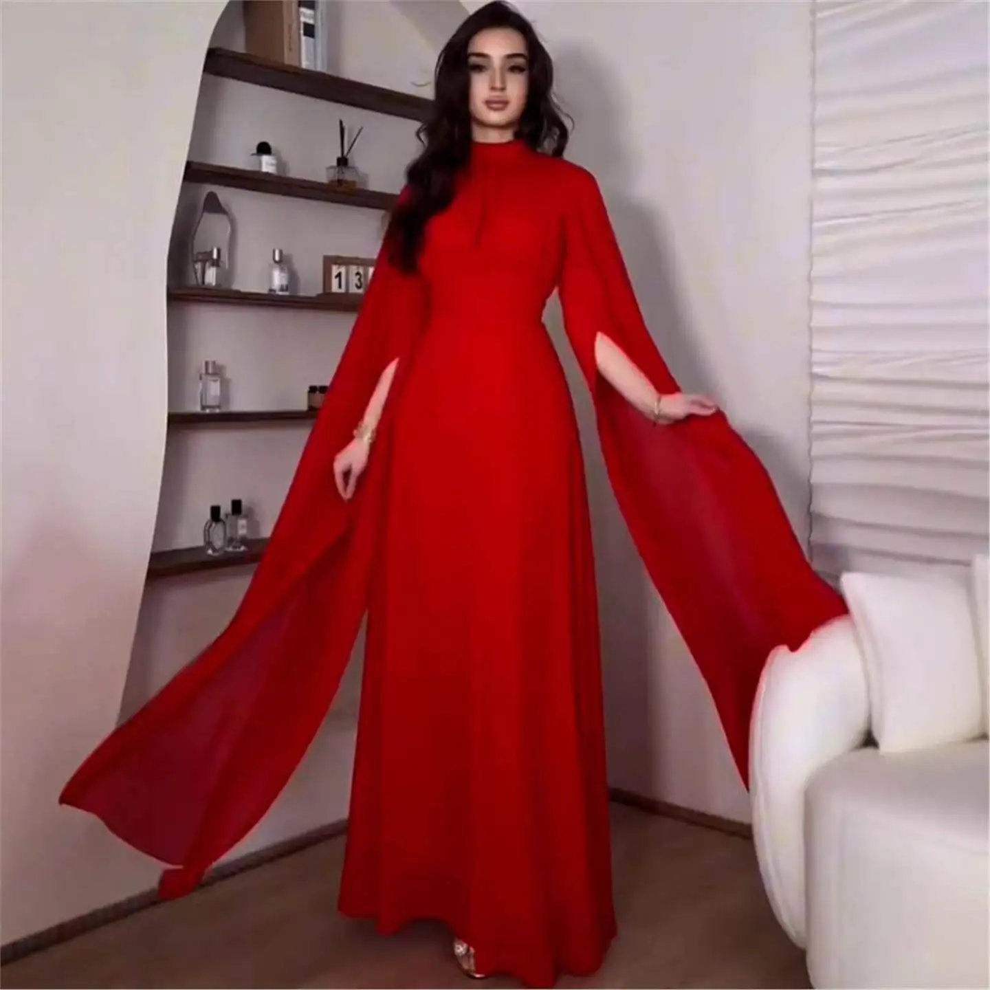 

2025 New Pure Color Long Tail Evening Dress Cleanfit Style mid Waist A-Line Skirt Ultra Long Sleeve High Waist One Shoulder