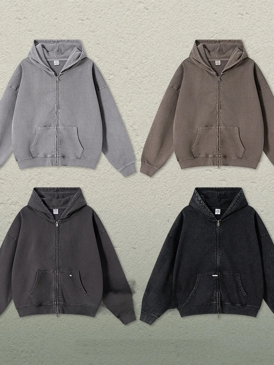 

Oversize 480G Heavyweight Worn-In Double Zipper Hoodie Men's High Street Open Cardigan Jaet Casual Cotton Long Sve Coat
