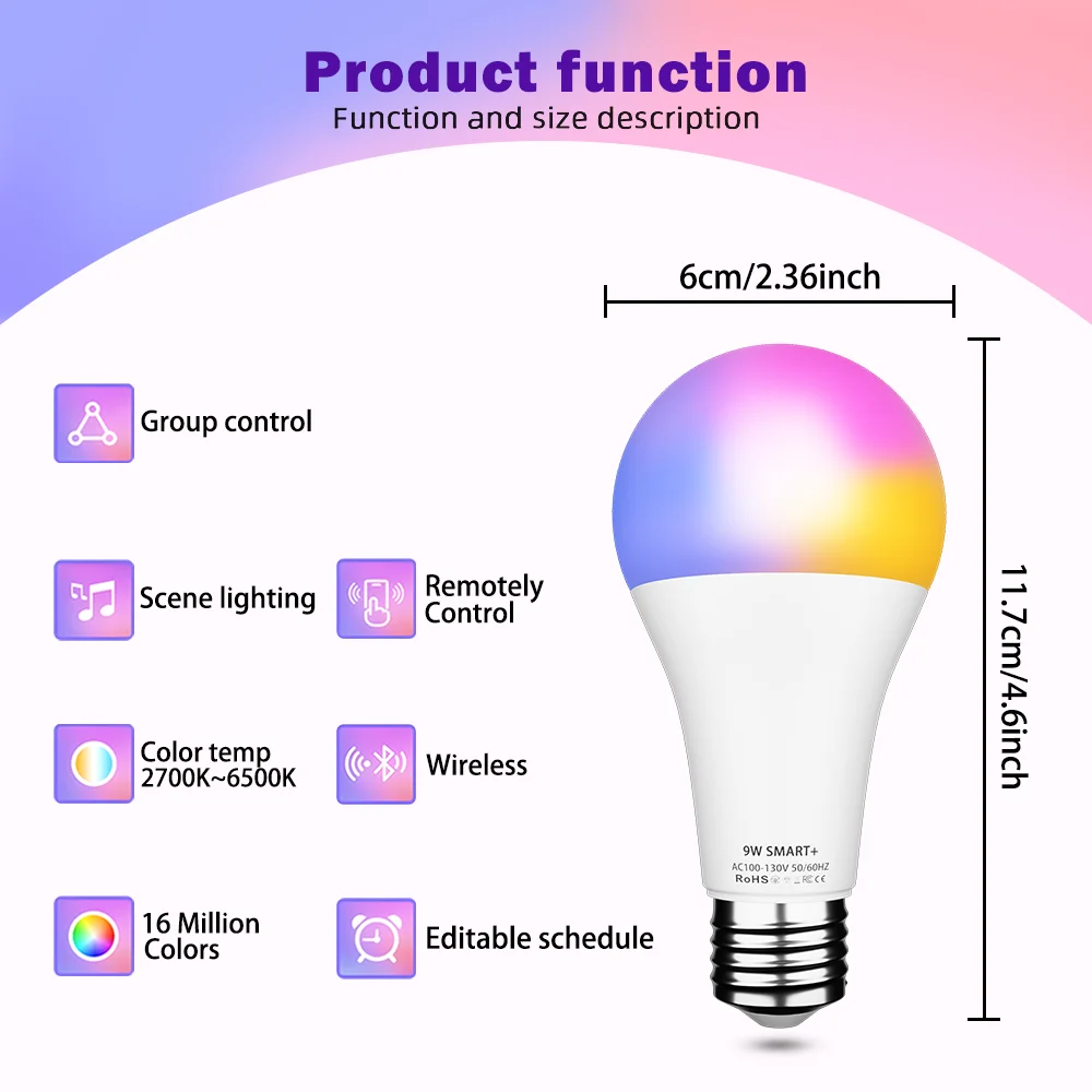 4pcs, Smart Bulbs, RGBCW LED Bulbs, Color Changing Dimmable Bulbs with App Control & Music Sync for Home Lighting.