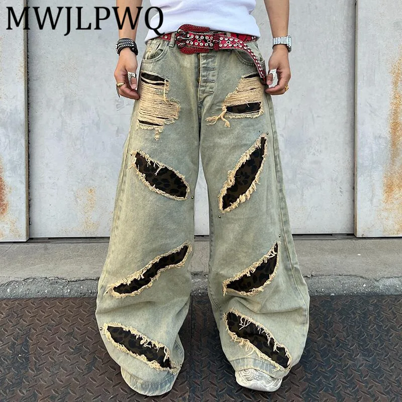 

MWJLPWQ Мужские джинсы с потертым дизайном в американском уличном стиле, повседневные широкие брюки длиной до пола с нишевым вырезом и дырками 12468