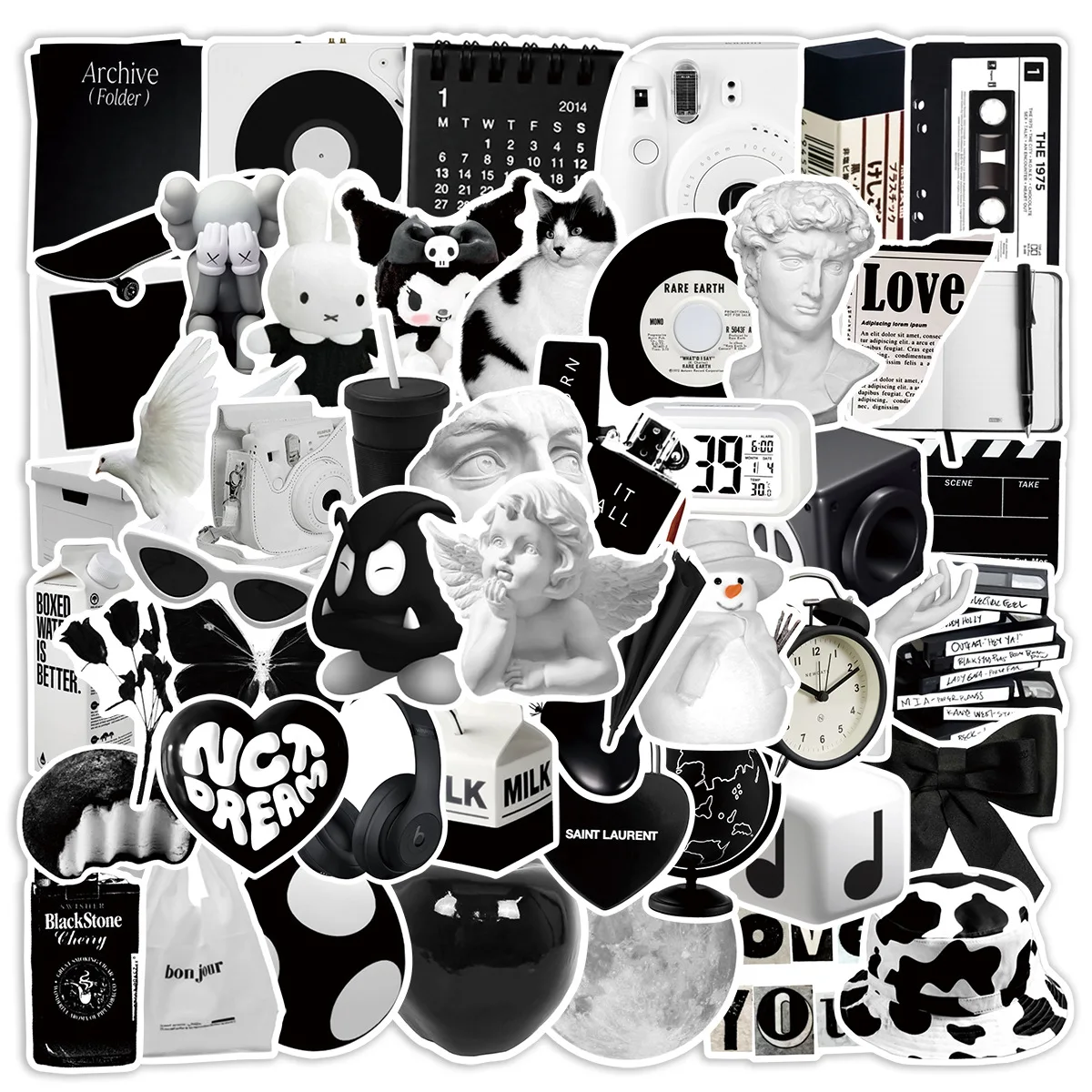 50PCS Ins Style Apathy Black White Simple Decals Cute Stickers Aesthetic Phone Notebook Suitcase Laptop Fridge Wall Sticker