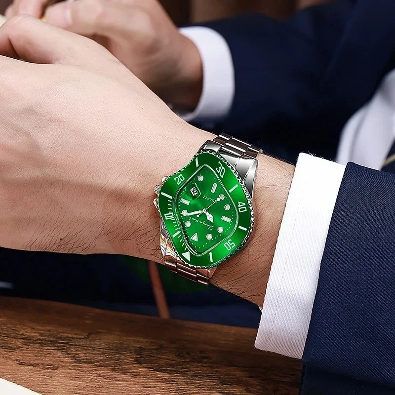 Watch for Men Unusual Conceptual Reloj Crash Melting Twist Shaped Case Quartz Wristwatch Male Man Rhombic Green Clock